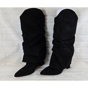 NINE WEST Womens Black Suede Slouch Pointed Toe Wedge Boots Size 8.5 M